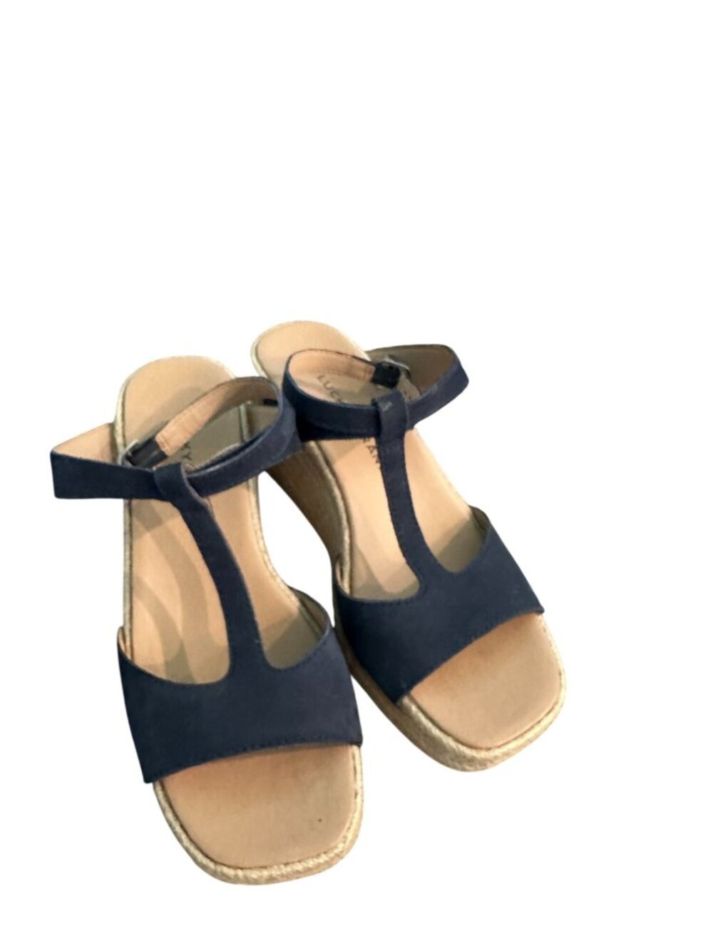 Lucky Brand Valki Navy Blue Leather T-Strap Espadrille Wedge Sandals 6.5M